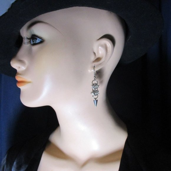 Earrings with Spikes & Barbed Wire Chain Link Chainmail Eye Jewelry Gothic Rock - Picture 3 of 4